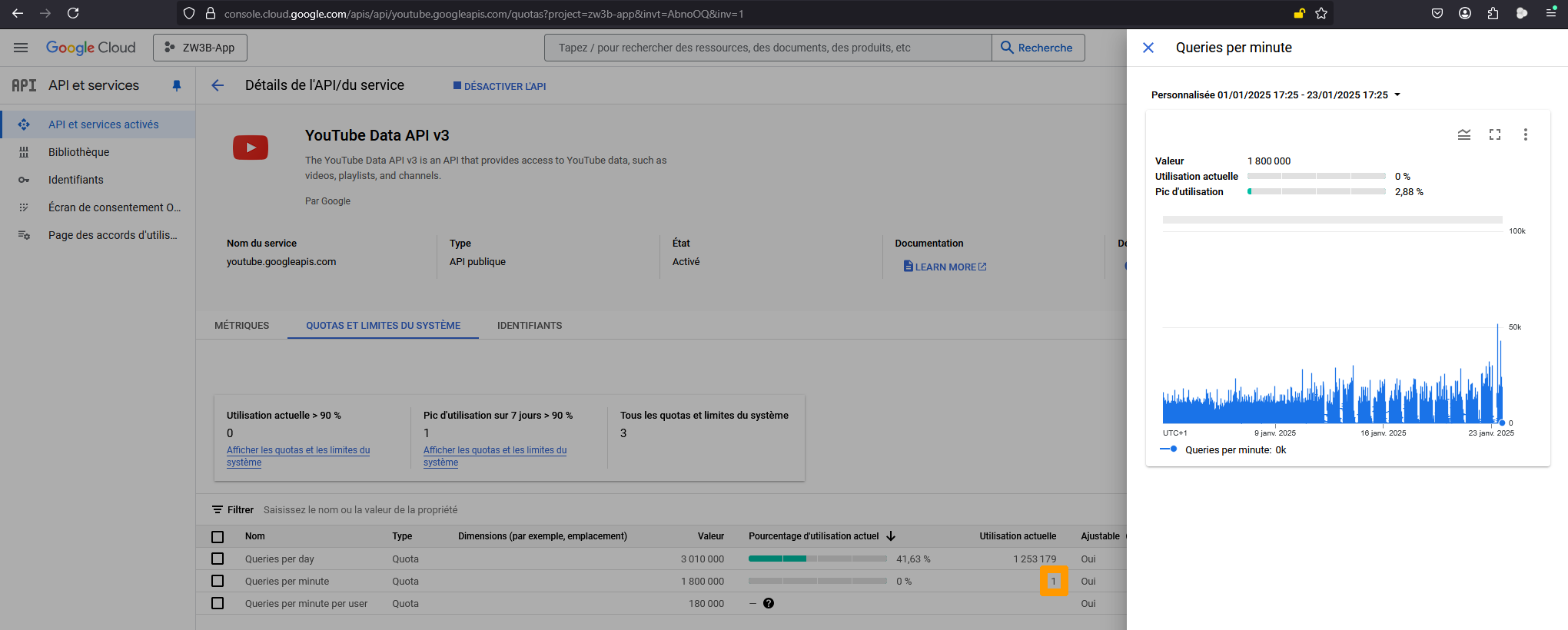 Capture d'écran 2025-01-23 172529 Quotas Per Minutes – API et services – ZW3B-App - Youtube
